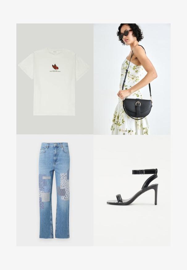 Hvit bomull t-skjorte med et sommerfuglmønster i rødt og svart, med teksten "VINGER AV FORANDRING GODE TING KOMMER" under.; Lyse blå denimjeans med bred bendesign, som har ulike mønstrede stofflapper i blått og hvitt på fronten.; Svarte hæler med glansfull finish, som har to smale stropper og en ankelstropp, plassert på en slank stiletthæl.; Svart lærveske med en buet form, avtagbar stropp og gullbeslag. Vesken har et klaff med spenne-detall.