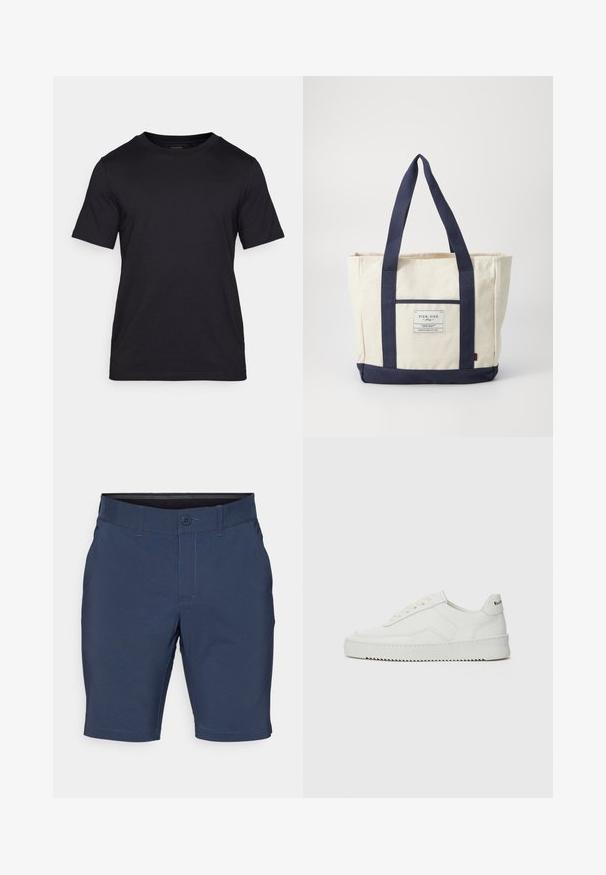 Must musta T-särk, mis on valmistatud siledast kangast, koos ümarkaelusega ja lühikeste varrukatega. Rinna peal on mustal taustal õrn bränding.; Tumedate sinised lühikesed püksid, mis on valmistatud siledast kangast, varustatud nööbi kinnitusega, vööloopidega ja sirgete säärtega, millel on õmblustega äär.; Valge nahast tennis, millel on sile põhi, ümar varvas, lamedad nöörid ja tekstuuriline tall. Sisaldab diskreetset logo kontsaribal.; Kreemist kangast kott tumesiniste käepidemete ja põhjaga. Omab esikülje taskut ja sildi, kus on kirjas "PIER ONE". Tugev disain.