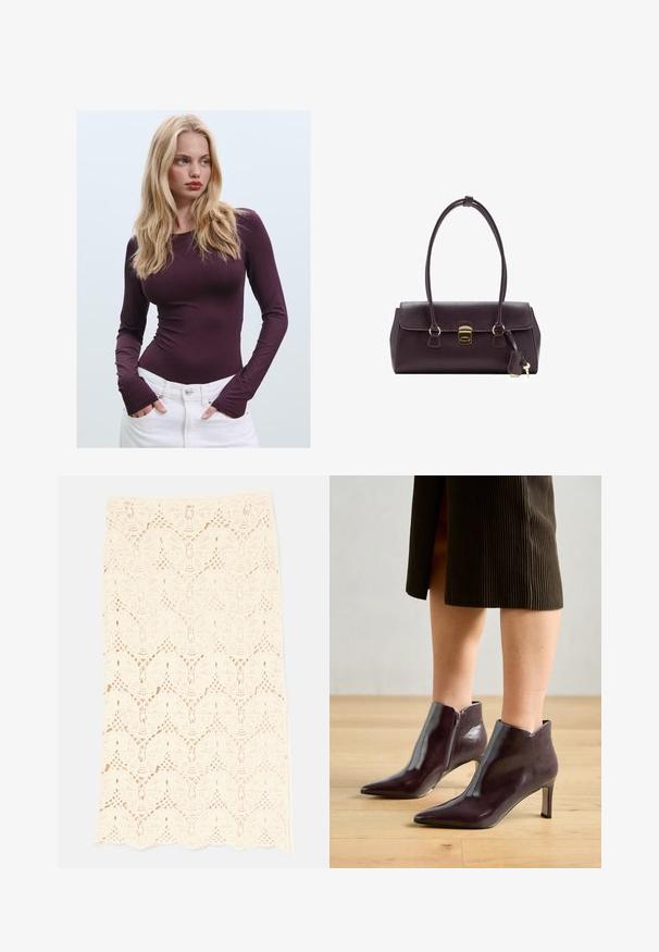 Haut ajusté bourgogne à manches longues avec un col rond et des ouvertures pour les pouces, associé à un pantalon blanc taille haute. Tissu lisse et texture extensible.; Jupe en dentelle couleur crème avec un motif de papillon, un ourlet en forme de vagues et un design perforé complexe tout au long.; Bottines en cuir bordeaux à bout pointu et talon fin. Elles présentent une fermeture éclair sur le côté et une texture lisse et brillante.; Sac à main en cuir bordeaux au design structuré, avec de courtes poignées, un fermoir rectangulaire doré et un accent de pompon détachable.