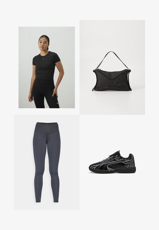 Črn športni top s kratkimi rokavi, narejen iz gladkega materiala. Ima majhen sivi logotip Puma na prsih. Nosi se z črnimi hlačami z visokim pasom.; Hulahopke z visokim pasom v temno sivi barvi, izdelane iz elastičnega materiala, s čudovito gladko teksturo in prileganjem, ki se zoži pri gležnjih.; Črne športne čevlje s sleek dizajnom, ki vsebujejo sijajno površino, bele detajle, mrežaste plošče za zračnost in ježka.; Črna torbica iz mehkega, strukturiranega materiala. Ima valovit vzorec, enojni naramni trak in subtilen logotip na sprednji strani.