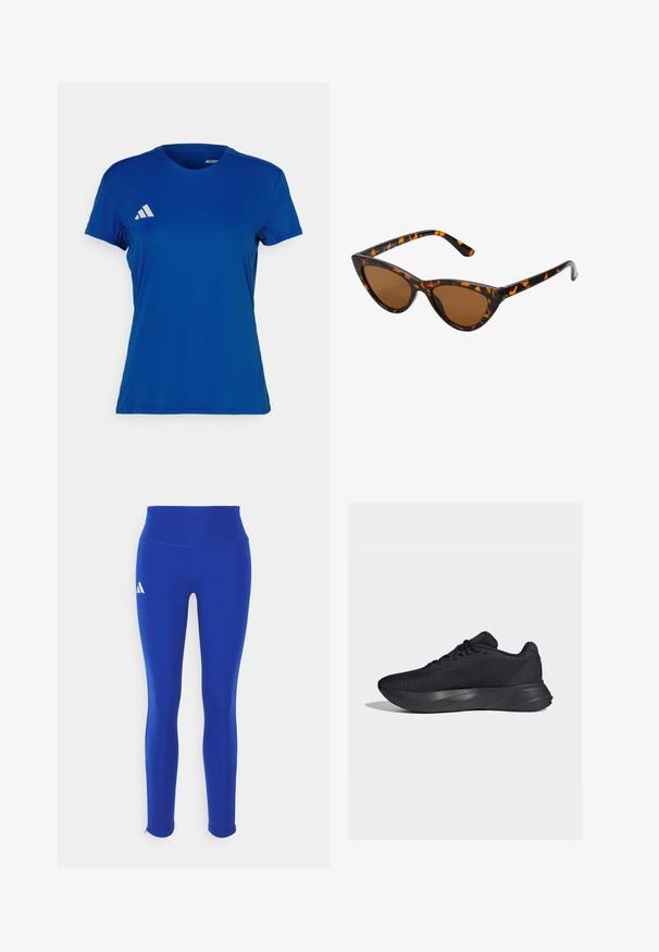 Modra športna majica s kratkimi rokavi in krožnim izrezom; izdelana iz lahkega materiala; na levem ramenu je bel Adidasov logotip.; Modre atletske legice z visokim pasom, narejene iz raztegljivega materiala, z belim logotipom na levem boku in diskretnimi robovi.; Črne športne čevlje z mrežastim zgornjim delom, teksturirano površino in oblikovanim srednjim delom za podporo. Imajo klasično vezanje in podložen petni del.; Mačje oči sončna očala z okvirom v črno-oranžni želvej ohišji, rjavimi lečami in elegantnimi, ostrimi konicami. Imajo minimalistični logo na ročaju.