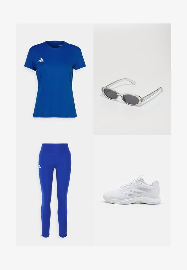 Blue short-sleeve athletic t-shirt with a round neckline; made of lightweight fabric; features a white Adidas logo on the left shoulder.; Blue athletic leggings featuring a high waistband, made from stretchy material, with a white logo on the left hip and discreet hems.; White athletic sneaker with mesh upper, three textured stripes on the side, lace-up closure, and cushioned sole for sports or casual wear.; Sunglasses with an oval shape, clear plastic frame, dark gray lenses, and thin transparent arms featuring logo accents and minimal detailing.