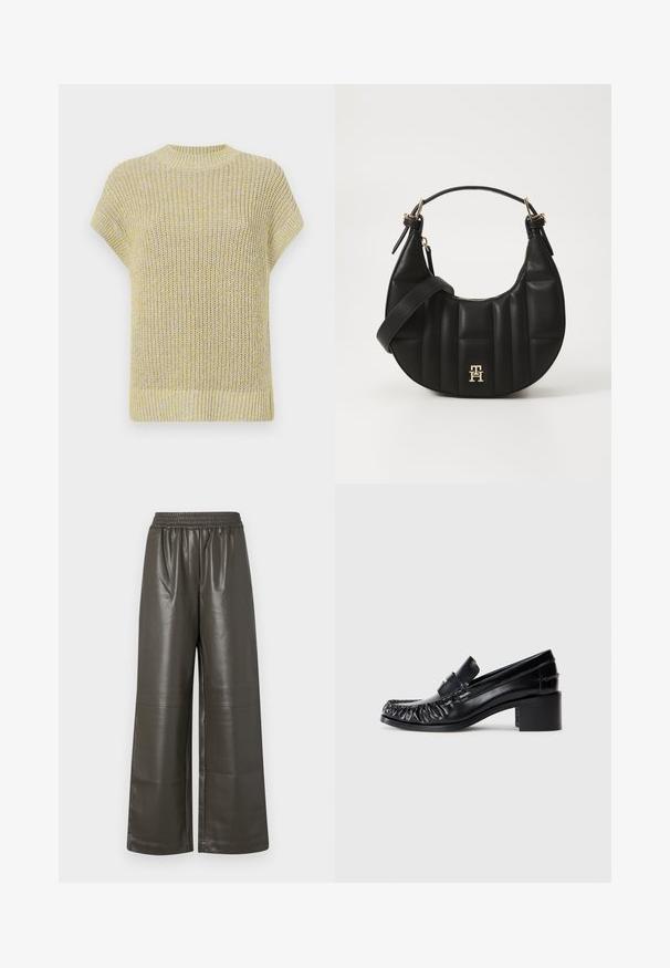 Strikket kortærmet top i lys gul med subtile grå fnug. Har en ribbet rund halsudskæring og tekstureret stof med en løs pasform.; Bredde ben, mørke olivengrønne bukser i faux læder med en elastisk talje og midtersynsdetaljer, der har en glat, blank tekstur.; Sorte læder loafers med en bølget front, rund tå og en blokhælc. Har et dekorativt bånd og syninger langs kanterne.; Sort læderhandtaske med en bøjelig form, kviltet tekstur og guld hardware. Har en aftagelig skulderrem og logo-detalje.
