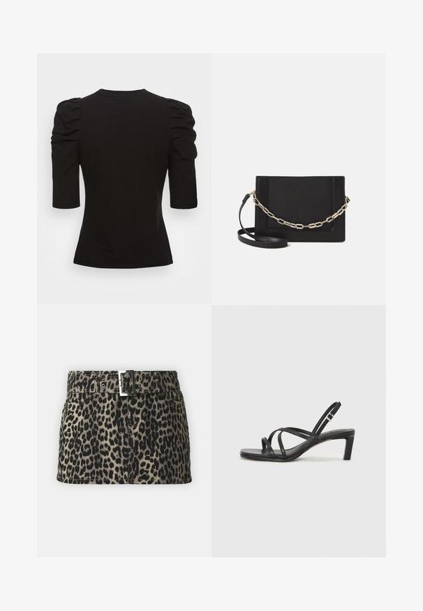 Vero Moda Tall VMEGAMAXI - Pamata T-krekls - black; Laupsei ar rakstu apdrukāta džinsu svārki ar jostu pie vidukļa, kas aprīkoti ar sudraba sprādzi, priekšējiem kabatām un taisnu apakšmali.; Melnas strappy sandales ar kvadrātveida purngaliem un zemu bloku papēdi. Ievērojamas ar vairākiem plāniem siksniņām un regulējamu potītes siksniņu. Izgatavotas no gludas ādas.; Melna ādas crossbody soma ar gludu faktūru, taisnstūrveida formu un metalizētu ķēdes detaļu priekšā. Iekļauta regulējama siksna.; Sudraba divu joslu gredzens ar gludu, pulētu virsmu. Iezīmējas ar plūstošu, izliekta dizaina struktūru ar pārklājošām sekcijām modernam izskatam.