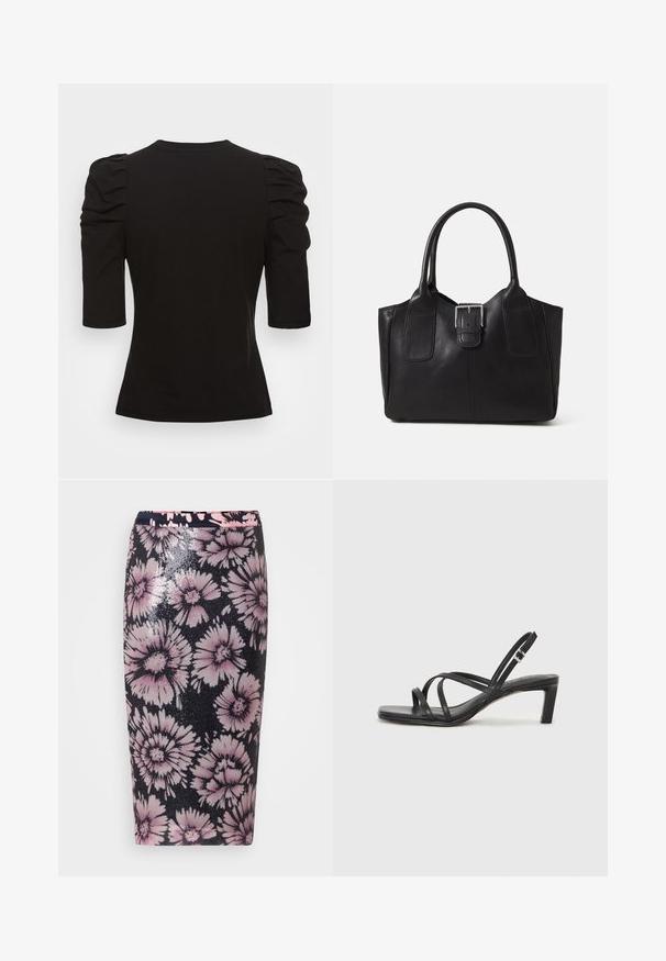 Vero Moda Tall VMEGAMAXI - Základné tričko - black; Kvetinová sukňa s čiernym základom, zdobená ružovými a bielymi kvetinovými vzormi. Vyrobená z flitrového materiálu, ktorý zvýrazňuje textúru a dizajn.; Čierne sandále na vysokom podpätku so štvorcovou špičkou a nízkym blokovým podpätkom. Obsahujú viacero tenkých popruhov a nastaviteľný členkový popruh. Vyrobené z hladkej kože.; Čierna kožená taška s hladkou textúrou, štruktúrovaným tvarom, dvoma uchami a výrazným strieborným prackovým detailom na prednej strane.