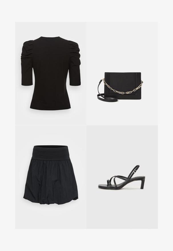 Vero Moda Tall VMEGAMAXI - Navadna majica - black; Črna krilo ima širok elastičen pas in zbrano, lahko tkanino, kar ustvarja tekočo obliko z rahlo teksturo.; Črne natikače s trakovi in kvadratnim prstom ter nizkim blokastim peto. Imajo več tankih trakov in nastavljiv trak okoli gležnja. Narejene so iz gladkega usnja.; Črna usnjena torba čez ramo z gladko teksturo, pravokotno obliko in kovinskim verižnim detajlom spredaj. Vključena je nastavljiva naramnica.; Srebrn dvojni prstan z gladko, polirano površino. Ima tekoč, ukrivljen dizajn z prekrivajočimi se sekcijami za sodoben videz.