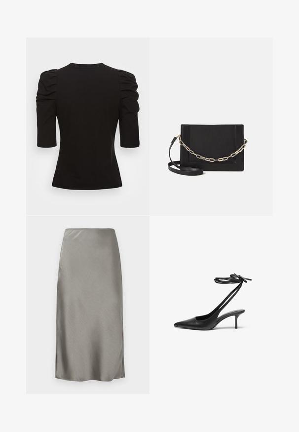 Vero Moda Tall VMEGAMAXI - Camiseta básica - black; Falda midi de satén gris con una textura suave y elegante. Ligeras aberturas laterales que realzan el movimiento. Diseño minimalista, cintura ajustada y silueta recta.; Zapato de charol negro con tacón de aguja y punta afilada, con la parte trasera abierta y correas en los tobillos atadas en forma de lazo. Tacón delgado de 3 pulgadas. Textura suave, diseño minimalista.; Bolso cruzado de piel negra con textura suave, forma rectangular y un detalle de cadena metálica en el frente. Incluye una correa ajustable.