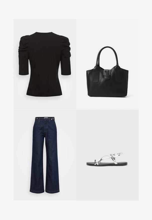Vero Moda Tall VMEGAMAXI - Tricou basic - black; Jeans negre cu talie înaltă și picior larg, cu curele de ajustare pe talie, buzunare frontale și închidere prin fermoar.; Sandale metalice argintii cu un design minimal, având curele subțiri și o talpă plată neagră. Printre elementele de atracție se numără accentele cu curele încrucișate.; Geantă tote din piele neagră cu textură netedă, formă structurată, două mânere și un detaliu proeminent din aliaj de argint pe partea din față.
