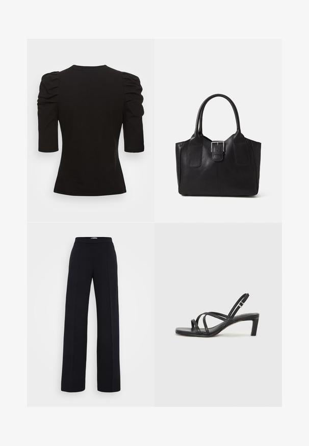 Vero Moda Tall VMEGAMAXI - Basic póló - black; Fekete, bő szárú nadrág, sima textúrával, magas derékkal és középső varrás részletekkel. Könnyű anyagból készült.; Fekete pántos szandál négyzetes orral és alacsony blokk sarkal. Több vékony pánttal és állítható boka pánttal rendelkezik. Sima bőrből készült.; Fekete bőr bevásárlótáska sima textúrával, strukturált formával, két fogantyúval és egy figyelemfelkeltő ezüst csattal az elején.