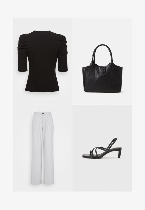 Vero Moda Tall VMEGAMAXI - T-shirts basic - black; Lys grå vide bukser med frontfolder, en tætsiddende talje og en enkelt sort knaplukning. Lavet af glat, struktureret stof.; Sort remsandale med firkantet tå og en lav blokeret hæl. Har flere tynde stropper og en justerbar ankelrem. Fremstillet af glat læder.; Sort læder tote taske med glat tekstur, struktureret form, to håndtag og en fremtrædende sølvspænde detalje på forsiden.