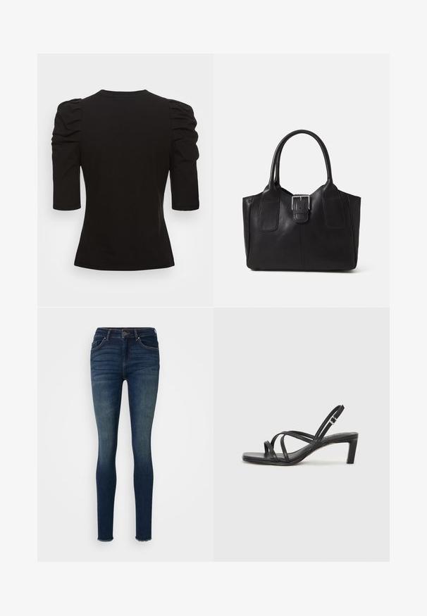 Vero Moda Tall VMEGAMAXI - Osnovna majica kratkih rukava - black; Tamno plave uske traperice od denima, s srednje visokim strukom, dizajnom od pet džepova i strganym rubovima. Glatka tekstura s blagim izblijedjeljem.; Crne sandale s trakama, kvadratnim prstom i niskom blok petom. Ima više tankih trakica i podesivu trakicu oko gležnja. Izrađene su od glatke kože.; Crna kožna torba za nošenje s glatkom teksturom, strukturiranim oblikom, dvije ručke i istaknutim srebrnim kopčanjem na prednjoj strani.; Srebrna dvostruka prsten s glatkom, poliranom površinom. Karakterizira ga fluidan, zakrivljen dizajn s preklapajućim sekcijama za moderan izgled.