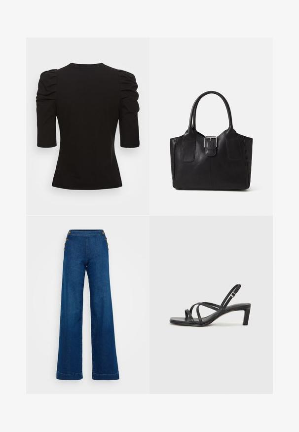 Vero Moda Tall VMEGAMAXI - Tricou basic - black; Jeans largi de culoare albastru închis cu talie înaltă, detalii cu nasturi din alamă pe lateral și un finisaj curat, fără embellishment, la tiv.; Sandal cu barete negre, cu vârf pătrat și toc mic de bloc. Prezintă mai multe barete subțiri și o bareta ajustabilă la gleznă. Fabricat din piele netedă.; Geantă tote din piele neagră cu textură netedă, formă structurată, două mânere și un detaliu proeminent din aliaj de argint pe partea din față.