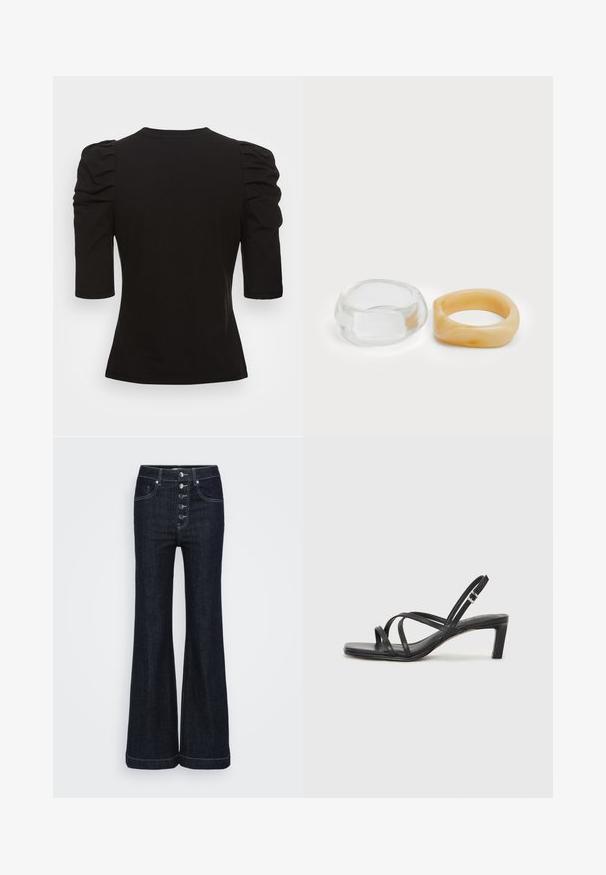 Vero Moda Tall VMEGAMAXI - Basic T-shirt - black; Dark denim flared jeans with a high waist, five front buttons, and contrasting white stitching along the seams and hem. Classic design.; Black strappy sandal with a square toe and a low block heel. Features multiple thin straps and an adjustable ankle strap. Made of smooth leather.; Clear and amber resin rings, one smooth and transparent, the other with a textured, amber finish. Both feature rounded, chunky designs.