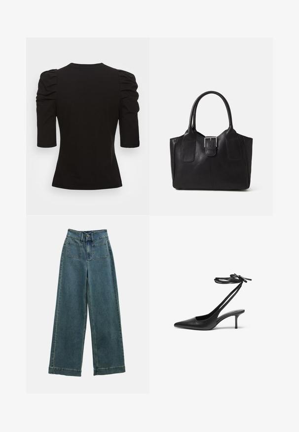 Vero Moda Tall VMEGAMAXI - T-shirts - black; Bredde ben denim bukser i falmet blå, med høy midje, to frontlommer og klassisk knappelukking. Stoffet har en myk og glatt tekstur.; Sorte lær stiletto-sko med spiss tå, åpen bakdel og ankelremmer knyttet i sløyfe. Tynn 3-tommers hæl. Glatt tekstur, minimalistisk design.; Svart skinn toteveske med jevn tekstur, strukturert form, to håndtak og en fremtredende sølvspenne foran.