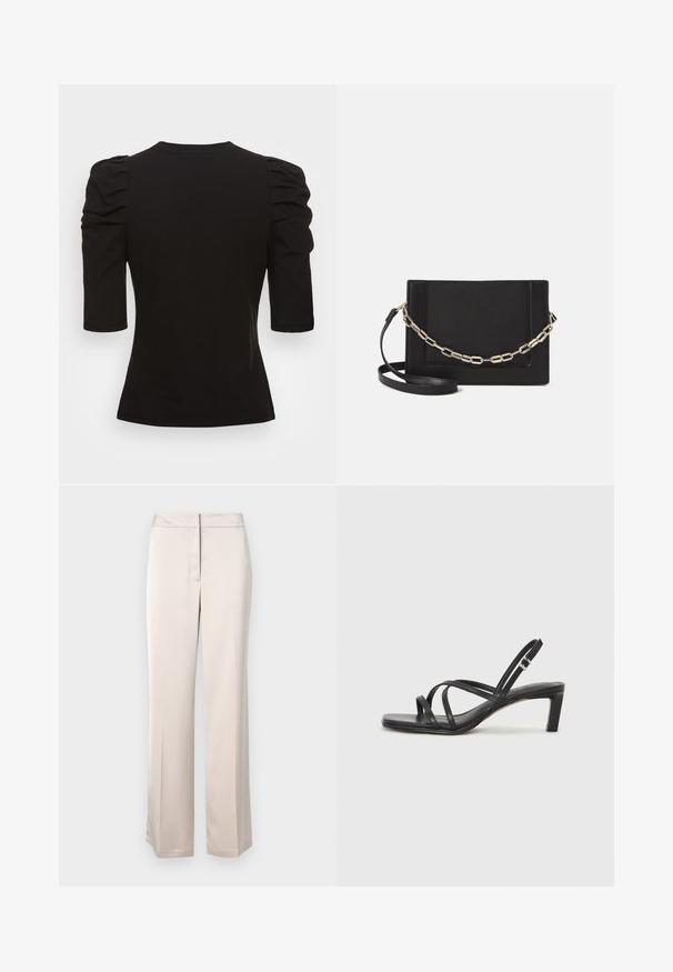 Vero Moda Tall VMEGAMAXI - Basic póló - black; Beige széles szárú nadrág sima anyagból, letisztult sziluettel, lapos elülső résszel és diszkrét derékpánttal.; Fekete pántos szandál négyzetes orral és alacsony blokk sarkal. Több vékony pánttal és állítható boka pánttal rendelkezik. Sima bőrből készült.; Fekete bőr keresztpántos táska, sima textúrával, téglalap alakú és fém lánc részlettel az elején. Állítható pánttal ellátva.