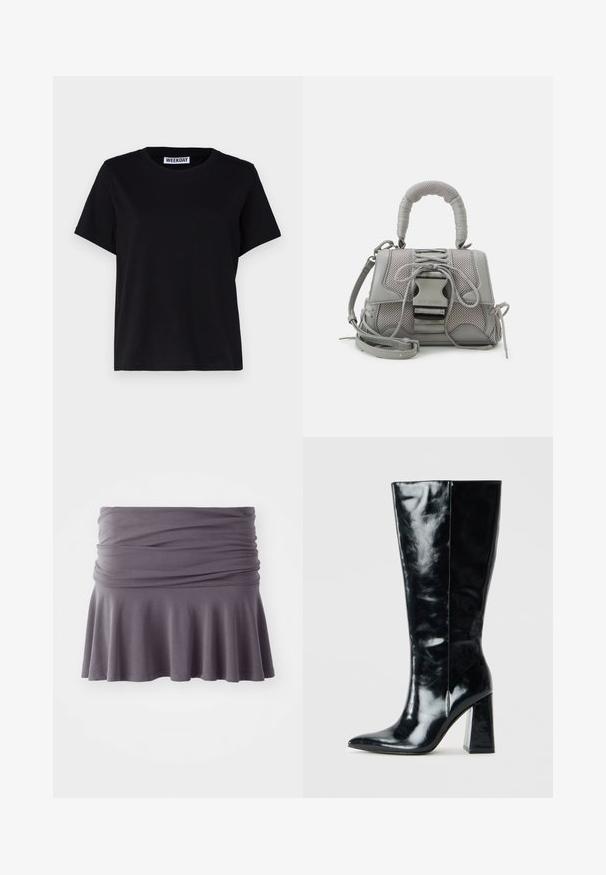 Black short-sleeve t-shirt made of cotton. Features a crew neckline and relaxed fit. Label reads “WEEKDAY” at the collar.; Gray, knee-length skirt made of soft fabric with a gathered waist and flared hem. Features smooth texture and simple design.; Black knee-high boots made of glossy leather, featuring a pointed toe and a chunky geometric heel with a smooth texture.; Gray textured handbag featuring a padded handle, mesh accents, adjustable strap, and a front clasp. Compact design with a rounded shape.