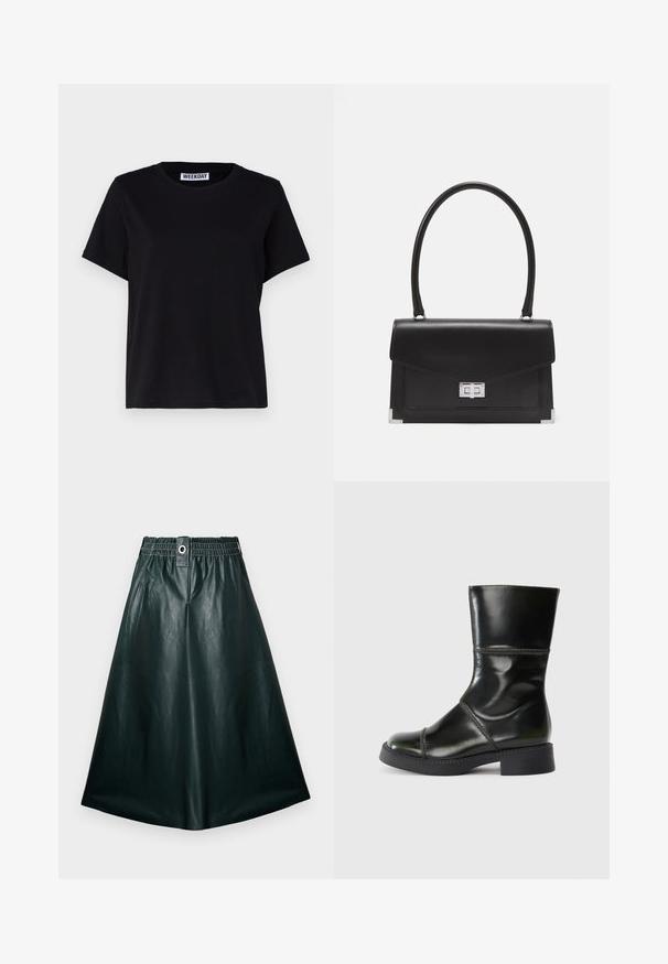 Svart kortärmad t-shirt i bomull. Har en rundad halsringning och en avslappnad passform. Etiketten läser "WEEKDAY" vid kragen.; Mörkgrön läder midi kjol med resår i midjan, framknappar och en mjuk, blank yta. A-linjeform utan fickor.; Svart läderankelkänga med rund tå, slät yta, kontrasterande sömmar och en blockklack, med en något avsmalnande silhuett.; Svart läderhandväska med en strukturerad design, ett topphandtag och ett silverfäste. Har hörnaccenter och slät yta.