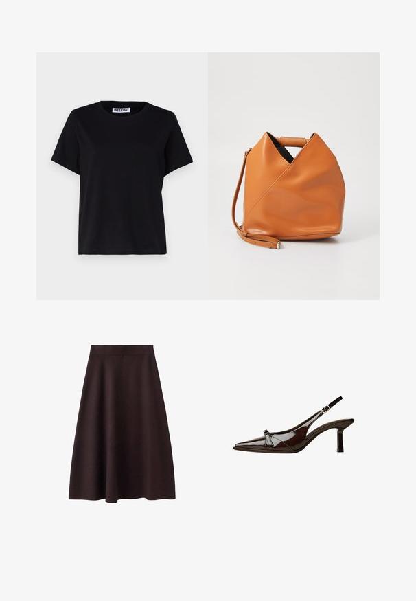 T-shirt nero a maniche corte realizzato in cotone. Presenta un collo a giro e una vestibilità comoda. L'etichetta riporta la scritta "WEEKDAY" sul colletto.; Gonna A-line marrone scuro, lunga fino al ginocchio, con una consistenza liscia e una vita aderente. Nessun motivo o accentuazione visibile. Design semplice.; Scarpa slingback in pelle verniciata marrone con punta appuntita, tacco basso e un accentuato fiocco decorativo nella parte anteriore. Texture liscia e lucente.; Borsa a mano in pelle color tan con design unico a pieghe triangolari, manico superiore e tracolla removibile su sfondo bianco.