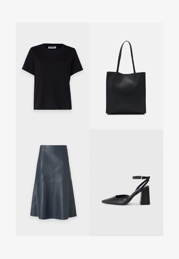 Černé tričko s krátkým rukávem vyrobené z bavlny. Má kulatý výstřih a volný střih. Na límci je štítek s nápisem "WEEKDAY".; Sukně z tmavě modré kůže s rozšířeným střihem, která má panelové prošívání a hladkou texturu. Délka ke kolenům.; Černé kožené lodičky se špičatou špičkou, kotníkovým páskem a silným podpatkem. Hladká textura, elegantní design a minimalistická estetika.; Černá kožená taška přes rameno s hladkým povrchem, obdélníkovým tvarem a dvěma dlouhými uchy. Žádné viditelné kování ani ozdoby.