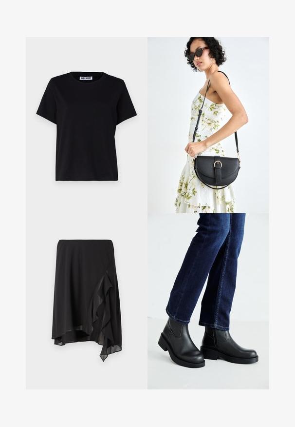 Black short-sleeve t-shirt made of cotton. Features a crew neckline and relaxed fit. Label reads “WEEKDAY” at the collar.; Black skirt with layered ruffles, flowing material, asymmetrical hem, elastic waistband, and sheer accents on the side.; Black leather ankle boots with a chunky sole and side elastic panels, paired with dark blue jeans. The ground is light-colored.; Black leather handbag with a curved shape, detachable strap, and gold hardware. The bag features a flap with a buckle detail.