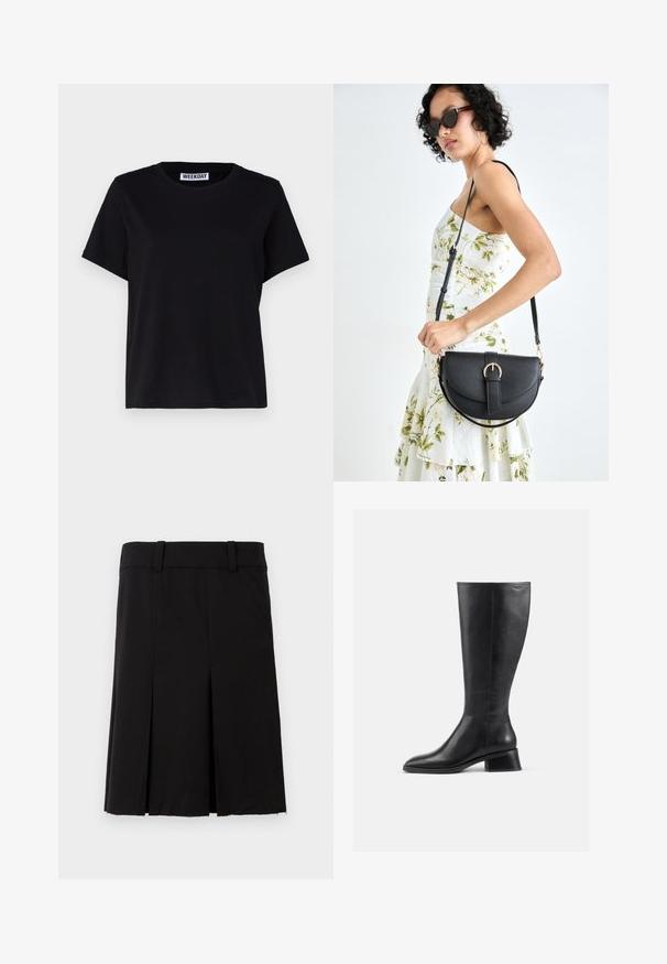 Černé tričko s krátkým rukávem vyrobené z bavlny. Má kulatý výstřih a volný střih. Na límci je štítek s nápisem "WEEKDAY".; Černá skládací sukně vyrobená z látky s hladkým povrchem. Má přiléhavý pas a rovný střih s zakončením nad koleny.; Černá kožená bota do výšky kolen s kulatou špičkou a nízkým blokovým podpatkem. Má hladký povrch a minimální švy.; Černá kožená kabelka s křivkovým tvarem, odnímatelným popruhem a zlatými detaily. Kabelka má klopu s přezkou.