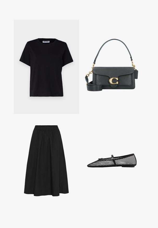 Black short-sleeve t-shirt made of cotton. Features a crew neckline and relaxed fit. Label reads “WEEKDAY” at the collar.; Black, knee-length skirt made of cotton, featuring an elastic waistband, gathered texture, and a smooth finish with no visible patterns.; Black mesh ballet flat with pointed toe, decorative strap, and subtle accent. Features an open-net design and flat sole.; Black leather handbag with a gold hardware accent, featuring a signature clasp, a detachable shoulder strap, and textured surface.
