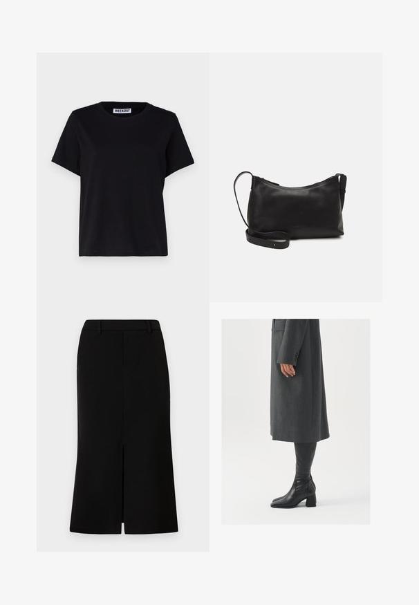 T-shirt noir à manches courtes en coton. Présente un col rond et une coupe décontractée. L'étiquette indique « WEEKDAY » au niveau du col.; Jupe noire mi-longue avec une silhouette droite, présentant une fente sur le devant, une texture lisse et une taille cintrée.; Manteau gris taillé à coupe droite ; associé à des bottes en cuir noir jusqu'au genou avec un bout carré et un talon épais.; Sac à épaule en cuir noir avec une texture lisse, une forme courbée, une bandoulière ajustable et une fermeture éclair. Design minimaliste sans embellissements.
