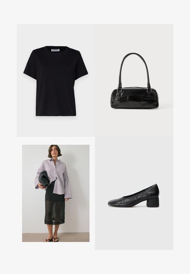 Mustast lühikeste varrukatega t-särk, mis on valmistatud puuvillast. Omab ümmargust kaelust ja mugavat lõiget. Silti ehtib tekst "WEEKDAY" krael.; Triibuline nööpidega särk valge ja burgundia värviga. Must läbipaistev seelik, mille all on ühtlane must aluskate. Kootud must portfell ja sussid.; Must musta kingadega, ümarate varvaste ja keskmise plokknõrga. Sile tekstuur, minimaalse kaunistusega, kergelt elastse avaga.; Must must beebkott, millel on ristkülikuline kuju, ühekordne tahke käepide, hõbedased detailid ja lukuga sulgemine. Sile tekstuur.