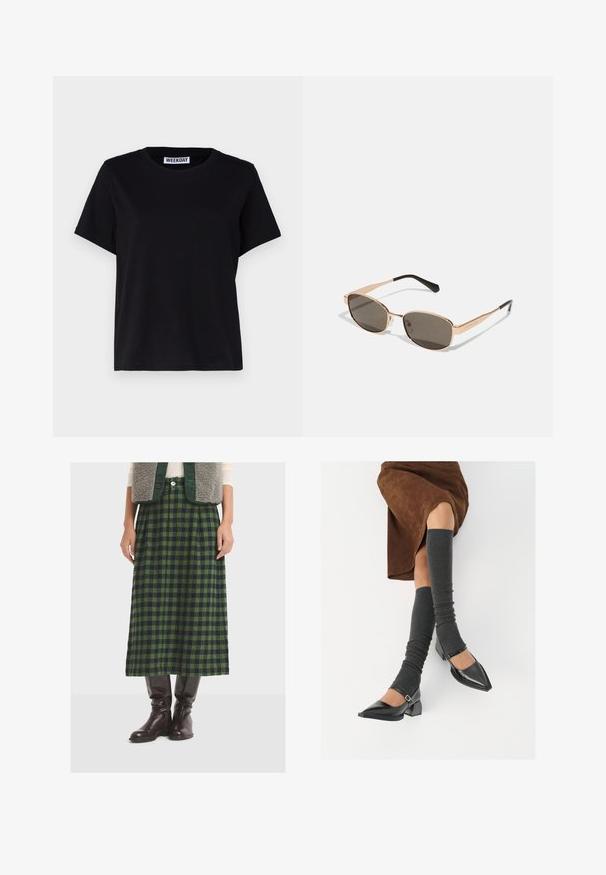 T-shirt noir à manches courtes en coton. Présente un col rond et une coupe décontractée. L'étiquette indique « WEEKDAY » au niveau du col.; Jupe midi en tartan vert et marine, fabriquée dans un tissu texturé, avec des plis et une coupe droite, assortie à des bottes en cuir marron jusqu'aux genoux.; Chaussures à bout pointu en cuir verni noir avec un talon bloc et une bride à la cheville, accompagnées de jambières en maille grise et d'une jupe en daim marron.; Lunettes de soleil rectangulaires avec une monture métallique dorée et des verres sombres. Soulignées par des branches noires fines, mettant en valeur un design minimaliste.