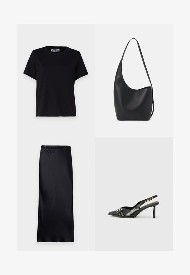 Svart kortärmad t-shirt i bomull. Har en rundad halsringning och en avslappnad passform. Etiketten läser "WEEKDAY" vid kragen.; Svart, golvlång kjol tillverkad av ett slätt, lättmaterial. Har en enkel design med en sömlös midja och en dragkedjedetalj.; Svart lackläder slingbacksko med spetsig tå, ankelremmar med silverfärgade spännen och detaljer samt en smal klack.; Svart läder hobo-väska med en slät textur, kurvig form och en justerbar axelrem; har en bred öppning upptill.