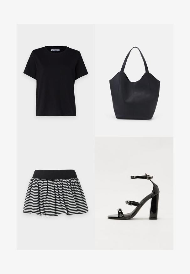 Črna kratka majica s kratkimi rokavi iz bombaža. Ima krožno izrezan ovratnik in sproščen kroj. Na ovratniku je oznaka "WEEKDAY".; Skrilo z črnimi in belimi črtami z nabranim dizajnom in elastičnim pasom, izdelano iz mehkega materiala. Ima širok kroj za polnost.; Črne lakirane sandale s peto, kvadratnim prstom, trakovi okrog gležnja in srebrnimi zaponkami. Opremljene so s stabilno Debelo peto.; Črna torba v obliki tote iz gladke usnjene površine, ki ima ukrivljen odprt vrh z dvema naramnicama in minimalističnim dizajnom.