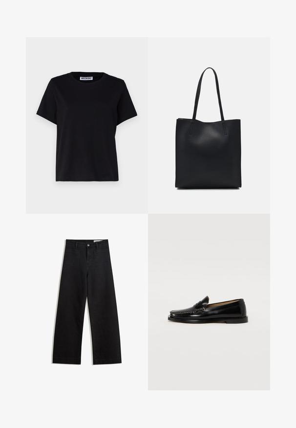 T-shirt nero a maniche corte realizzato in cotone. Presenta un collo a giro e una vestibilità comoda. L'etichetta riporta la scritta "WEEKDAY" sul colletto.; Pantaloni in denim neri a gamba larga con vita alta, dotati di tasche anteriori e posteriori, cuciture a punto, e chiusura con bottone. Texture liscia.; Mocassini in pelle nera con punta arrotondata, cuciture decorative e suola piatta. Texture liscia e design minimalista.; Borsa tote in pelle nera con texture liscia, forma rettangolare e due manici lunghi. Nessun hardware o decorazione visibile.