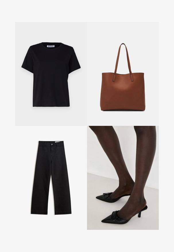 Musta lyhythihainen t-paita, joka on valmistettu puuvillasta. Ominaisuuksiin kuuluu pyöreä kaula-aukko ja rento istuvuus. Tunnuslappu kauluksessa lukee "WEEKDAY".; Mustat leveät farkut korkealla vyötäröllä, joissa on etu- ja takataskut, ommellut saumat ja nappisuljenta. Silkinoinen rakenne.; Mustat kärkitossut, joissa on sileä nahka, ja joissa on kuljetin koriste vampissa ja lyhyt, hoikka korko.; Ruskea nahkainen olkalaukku, jossa on sileä pinta, avoin yläosa ja kaksi olkahihnaa. Omaavat vain minimaalisen ompelun eikä näkyvää metalliosaa.