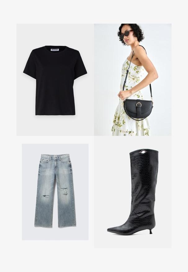 Svart t-skjorte med kort erme laget av bomull. Har en rund hals og avslappet passform. Merket leser "WEEKDAY" ved kragen.; Lys blå denim bredbente jeans med slitte detaljer, frynsete kanter og en falmet finish. Har frontlommer og en klassisk linning.; Svarte støvletter med høyde til kneet i glanset krokodilleprøvd skinn, med spiss tå og en liten kitten hæl, samt en vinklet sølvdetalj på toppen.; Svart lærveske med en buet form, avtagbar stropp og gullbeslag. Vesken har et klaff med spenne-detall.