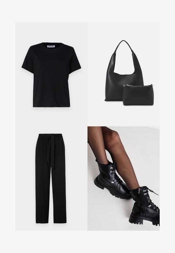 Juoda trumpa rankovėmis t-marškiniai, pagaminti iš medvilnės. Yra apvalus kaklas ir laisvas siluetas. Etiketėje rašoma "WEEKDAY" prie kaklo.; Juodos kelnės su aukštu liemeniu, šoninėmis raukšlėmis ir audinio diržu. Pagamintos iš lygios medžiagos, turi tiesias, pilno ilgio kojas.; Even&Odd Wide Fit Suvarstomi aulinukai - black; Even&Odd Rankinė - black