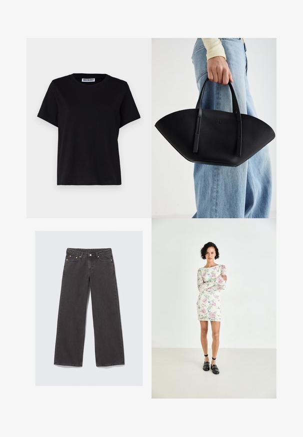 Schwarzes T-Shirt mit kurzen Ärmeln aus Baumwolle. Verfügt über einen Rundhalsausschnitt und einen lockeren Schnitt. Das Etikett trägt die Aufschrift „WEEKDAY“ am Kragen.; Weite Jeans aus dunkelgrauem Denim. Merkmale sind eine hohe Taille, Kupferbeschläge und ein klassisches Five-Pocket-Design.; Blumige Spitzen-Mini-Kleid mit langen Ärmeln, das pinke und blaue Muster auf einem cremefarbenen Hintergrund zeigt. Schwarze Slipper mit Nieten und Knöchelriemen.; Schwarze Lederhandtasche mit einzigartiger Fächerform, ausgestattet mit flachen Griffen. Die Oberfläche hat eine genoppte Textur und ein minimalistisches Design.; Schwarzes Harzarmband mit einer glatten, glänzenden Oberfläche und abgerundeten Kanten. Verfügt über ein kleines goldfarbenes "Pilgrim"-Logo im Inneren.