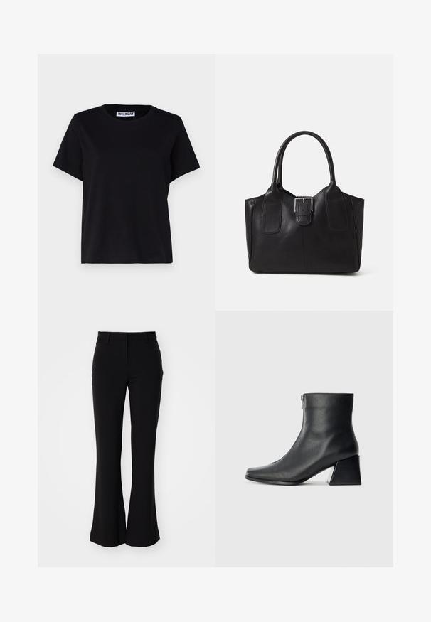 Juoda trumpa rankovėmis t-marškiniai, pagaminti iš medvilnės. Yra apvalus kaklas ir laisvas siluetas. Etiketėje rašoma "WEEKDAY" prie kaklo.; Juodi platėjantys kelnės iš glotnios medžiagos, vidutinio aukščio juosmuo ir šoninės kišenės, išryškinančios sklandų dizainą ir pritaikytą formą.; Juodas odinis kulkšninis botas su kvadratiniu pirštu, šoniniu užtrauktuku ir blokuotu kulnu, prieš lengvą paprastą foną.; Juodas odinis nešiojamas krepšys su lygiu paviršiumi, struktūrine forma, dviem rankenėlėmis ir ryškiu sidabriniu sagties akcentu priekyje.