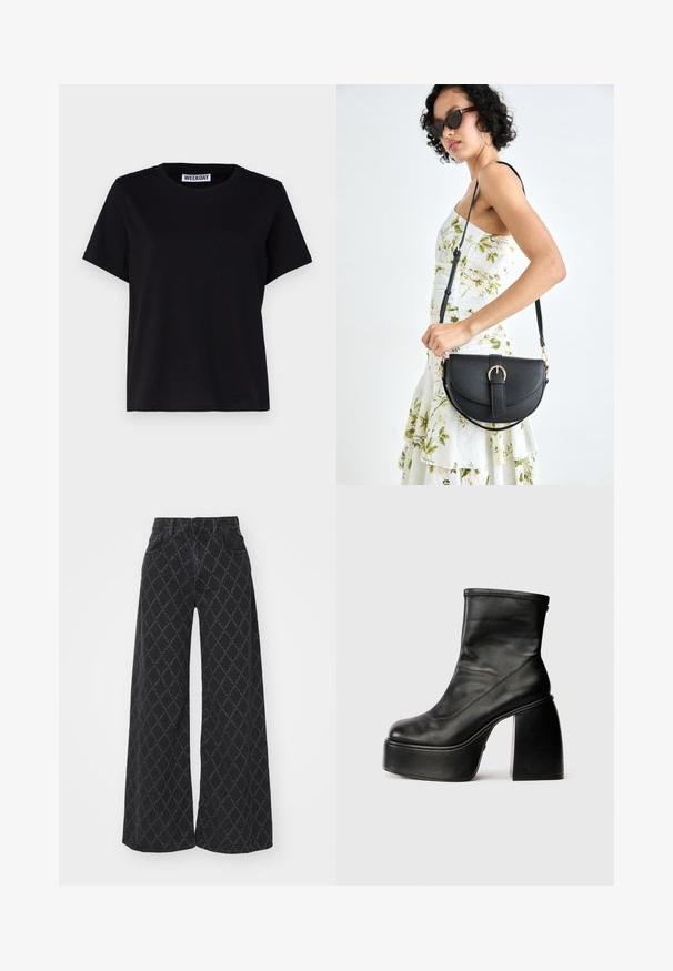 Černé tričko s krátkým rukávem vyrobené z bavlny. Má kulatý výstřih a volný střih. Na límci je štítek s nápisem "WEEKDAY".; Široké černé džíny s diamantovým vzorem. Mají vysoký pas, standardní kapsy a zapínání na knoflík. Texturovaná tkanina.; Černé kožené kotníkové boty s kulatou špičkou, hladkým povrchem a výrazným blokovým podpatkem. Obsahují boční zip. Minimalistický design.; Černá kožená kabelka s křivkovým tvarem, odnímatelným popruhem a zlatými detaily. Kabelka má klopu s přezkou.