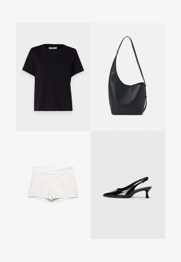 Čierne tričko s krátkym rukávom vyrobené z bavlny. Má okrúhly výstrih a voľný strih. Na golieri je štítok s nápisom „WEEKDAY“. ; Svetlo šedé elastické šortky so širokým pásom, hladkou textúrou a jednoduchým dizajnom. Zakončené okraje bez viditeľných vzorov alebo akcentov.; Čierne lakované kožené slingback topánky s ostrou špičkou a nízkym blokovým podpätkom. Nastaviteľný prackový popruh v oblasti členka.; Čierna kožená hobo taška so hladkou textúrou, zakriveným tvarom a jedným nastaviteľným popruhom; má široké otvorenie na vrchu.
