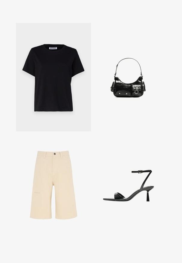 Černé tričko s krátkým rukávem vyrobené z bavlny. Má kulatý výstřih a volný střih. Na límci je štítek s nápisem "WEEKDAY".; Béžové cargo šortky vyrobené z odolné tkaniny, s volným střihem, předními kapsami a boční kapsou s klopou.; Bershka Sandály na vysokém podpatku - black; Černá lakovaná kožená kabelka s křivkovým tvarem, jedním ramenním popruhem, předními kapsami a stříbrnými kovovými detaily.