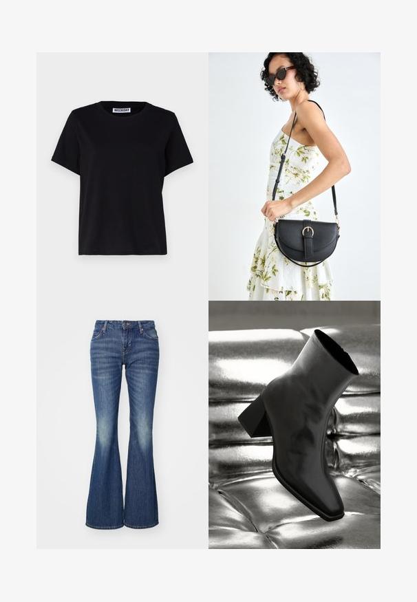 Zwarte t-shirt met korte mouwen, gemaakt van katoen. Beschikt over een ronde hals en een relaxte pasvorm. Label met de tekst "WEEKDAY" bij de kraag.; Uitlopende blauwe spijkerbroek van denim met een lichte wassing, voorzien van klassieke zakken en een enkele knoopsluiting.; Zwarte enkellaarsjes van glanzend materiaal met een vierkante neus en taps toelopende hak, afgezet tegen een glanzende zilveren gecapitonneerde achtergrond.; Zwarte leren handtas met een gebogen vorm, afneembare schouderband en gouden hardware. De tas heeft een klep met een gespsluiting.