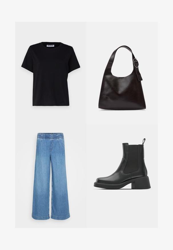 Black short-sleeve t-shirt made of cotton. Features a crew neckline and relaxed fit. Label reads “WEEKDAY” at the collar.; Light blue, wide-leg jeans made of denim with an elastic waistband and no visible pockets. Features a clean finish with rolled hems.; Black leather ankle boots with elastic side panels, rounded toe, and a chunky block heel. Smooth texture with a minimalistic design.; Brown leather shoulder bag with a smooth texture, rounded shape, wide strap, and circular metallic accent on the handle.