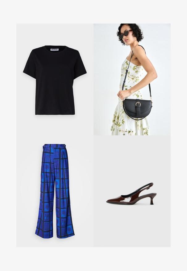 Černé tričko s krátkým rukávem vyrobené z bavlny. Má kulatý výstřih a volný střih. Na límci je štítek s nápisem "WEEKDAY".; Kalhoty s širokými nohavicemi v jasně modré tkanině s vzorem poštovních známek. Mají vysoký pas a jemné sklady pro zvýšení textury.; Hnědé lakované kožené slingback boty s špičatou špičkou a mírným podpatkem. Disponují přezkou pro bezpečné upevnění. Hladký povrch.; Černá kožená kabelka s křivkovým tvarem, odnímatelným popruhem a zlatými detaily. Kabelka má klopu s přezkou.