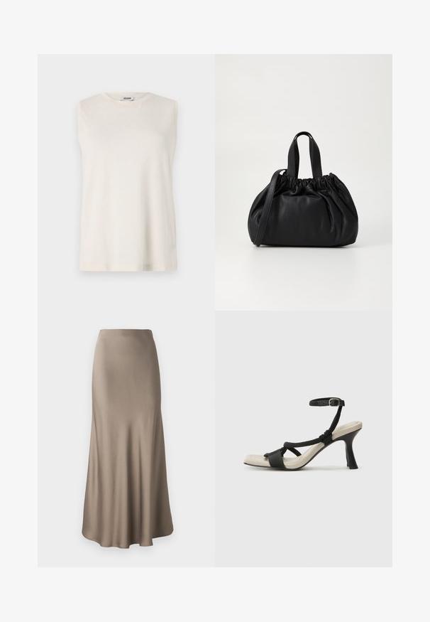 Ærmeløs top i lys beige stof med rund halsudskæring og en afslappet pasform. Glat tekstur uden dekorationer eller mønstre.; Lang brun satin nederdel med en glat tekstur, der har en flydende silhuet og en let udvidet kant. Ingen synlig hardware eller mønstre.; Sorte hælede sandal med flettet remdesign, firkantet tå og justerbar ankelrem. Lys beige fodseng med en blank sort hæl.; Sort læderhåndtaske med en samlet topdesign, der har to korte håndtag og en lang justerbar rem. Glat overflade, rund form.