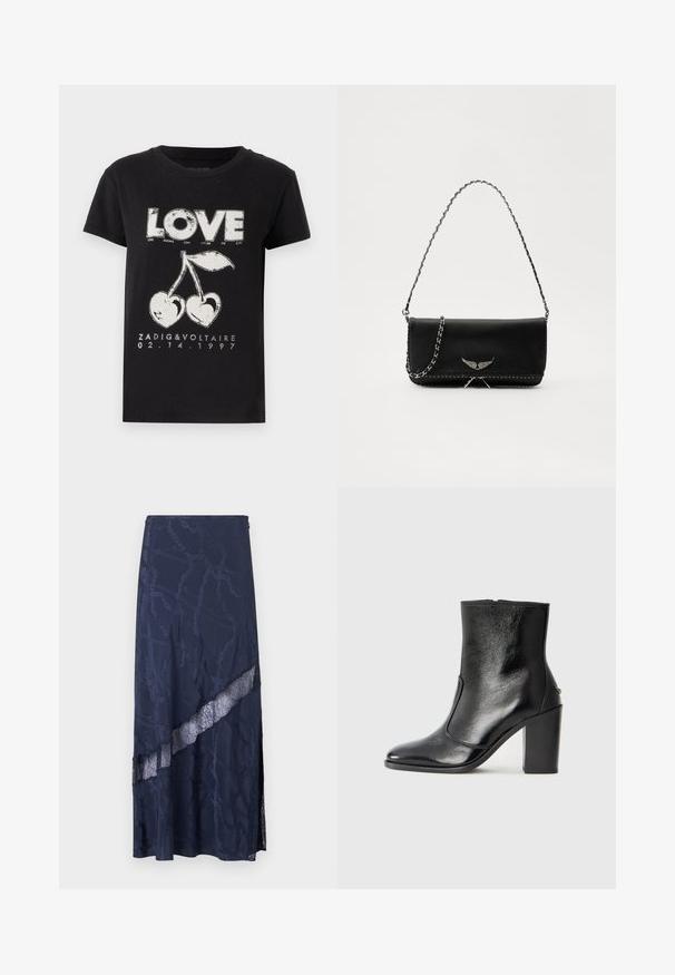 Schwarzes Baumwoll-T-Shirt mit weißem Grafikdruck des Wortes "LOVE" und zwei Kirschen in Herzform sowie Markentext und Datum.; Marineblauer Maxirock mit Spitzeinsatz und Kettenmuster. Angenehme Textur mit seitlichem Schlitz für zusätzlichen Detailreichtum.; Schwarze Leder-Stiefelette mit glatter Textur, spitzem Fuß und klobigem hohen Absatz. Verfügt über eine seitliche Öffnung und ein minimalistisches Design.; Schwarze Lederhandtasche mit einem silbernen Kettenriemen, verziert mit dekorativen Flügelakzenten und weißen Nähten entlang der unteren Naht.