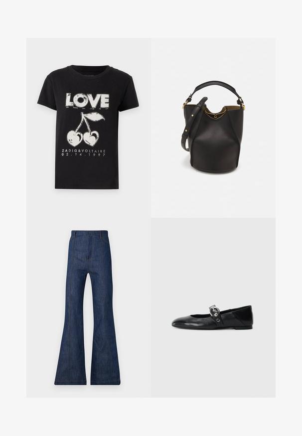 Black cotton t-shirt featuring a white graphic print of the word "LOVE" and two cherries with a heart shape, along with brand text and date.; Dark blue denim flared jeans with a high waist, featuring visible stitching and two front pockets. Smooth texture and wide leg opening.; Black leather ballet flats with a pointed toe, featuring a strap with a circular metallic buckle and a flat sole.; Black leather bucket bag with a textured finish, gold hardware accents, and an open top. Features a short handle and adjustable shoulder strap.