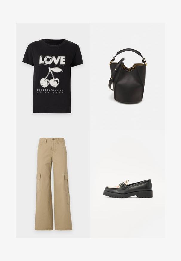 Juodas medvilninis marškinėliai su balta grafika, kurioje pavaizduotas žodis "MEILĖ" ir dvi vyšnios širdies pavidalu, taip pat prekės ženklo tekstas ir data.; Bežinės kargo kelnės su plačiomis kojomis, turinčios dvi šonines kišenes su užsegimais, mygtuko užsegimą ir lygią medvilninę medžiagą.; Juodos odinės loafer stiliaus bateliai su darniu guminio pado, kvadratine nosimi ir dekoratyvine juostele. Dizainas turi raštuotą vidpadį su širdelėmis.; Juodas odinis kibiro tipo krepšys su tekstūruotu paviršiumi, auksiniais detalėmis ir atvira viršūne. Yra trumpa rankena ir reguliuojama petneša.