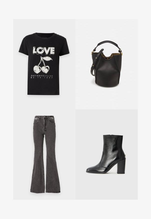 Must musta T-särk, millel on valge graafiline print sõna "ARMASTUS" ja kaks kirsit, millel on südamekuju, lisaks bränditekst ja kuupäev.; Mustad flared teksat, millel on kulunud tekstuur, esitaskud, vööloopid ja metallist aksessuaaride detailid vöö piirkonnas.; Must kõvale nahast pahklipsu saapad, millel on sile tekstuur, terav varvas ja paks kõrge kann. Omab külgavatust ja minimalistlikku disaini.; Mustast nahkämbriga kott tekstuurses viimistluses, kuldsete metalldetailide aktsentidega ja avatud ülaosaga. Omab lühikest käepidet ja reguleeritavat õlavarre rihma.