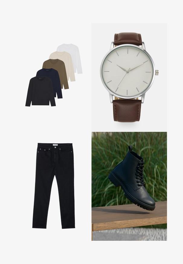 Pieci garās piedurknes krekli krāsu gradientā: tumši zils, zils, olīvzaļš, bēšs un balts. Katram ir apaļa kakla izgriezums un gluda tekstūra.; Melni denim džinsi ar taisnām kājām, pieci kabatas, metāla kniedes un pogu aizdare. Mīksta tekstūra ar nelielu stiepšanos.; Melnas potītes zābaki, izgatavoti no gludas ādas. Iespējo laces dizains, apaļa purngala forma un izturīga zole ar izteiktiem rakstiem. Mazs cilpiņa uz papēža.; Brūna ādas siksniņa pulkstenis ar sudraba nerūsējošā tērauda rāmīti, balta pulksteņa sejas virsma, minimālistiski sudraba stundu marķējumi un šauras pulksteņa rokas.