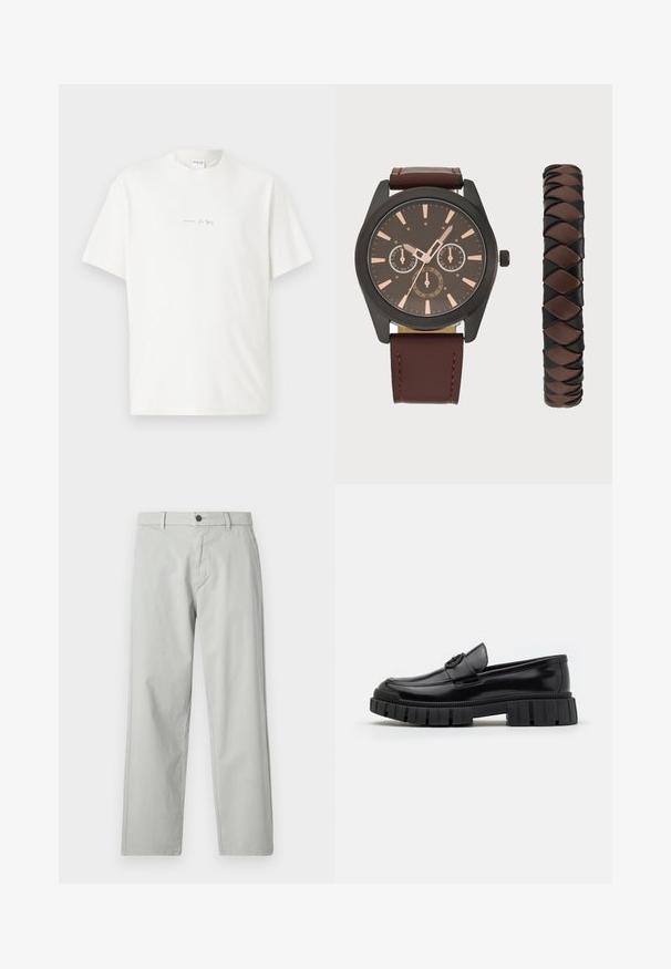 Balta medvilnės marškinėliai su apvalia kaklo iškirpte, trumpomis rankovėmis ir mažu atspaudu priekyje. Lygus audinys ir laisvas siluetas.; Šviesiai pilki, tiesių kojų kelnės, pagamintos iš lygios, audinės medžiagos. Su priekine mygtukų uždarymo sistema ir šoniniais kišenėmis. Minimalistinis stilius.; Juodi odiniai loaferiai su storais, raižytais guminiais padais. Sukurti su apvalia nosimi ir dekoratyvine juostele su logotipo akcentu. Lygus paviršius.; Pier One SET - Laikrodis - black/brown